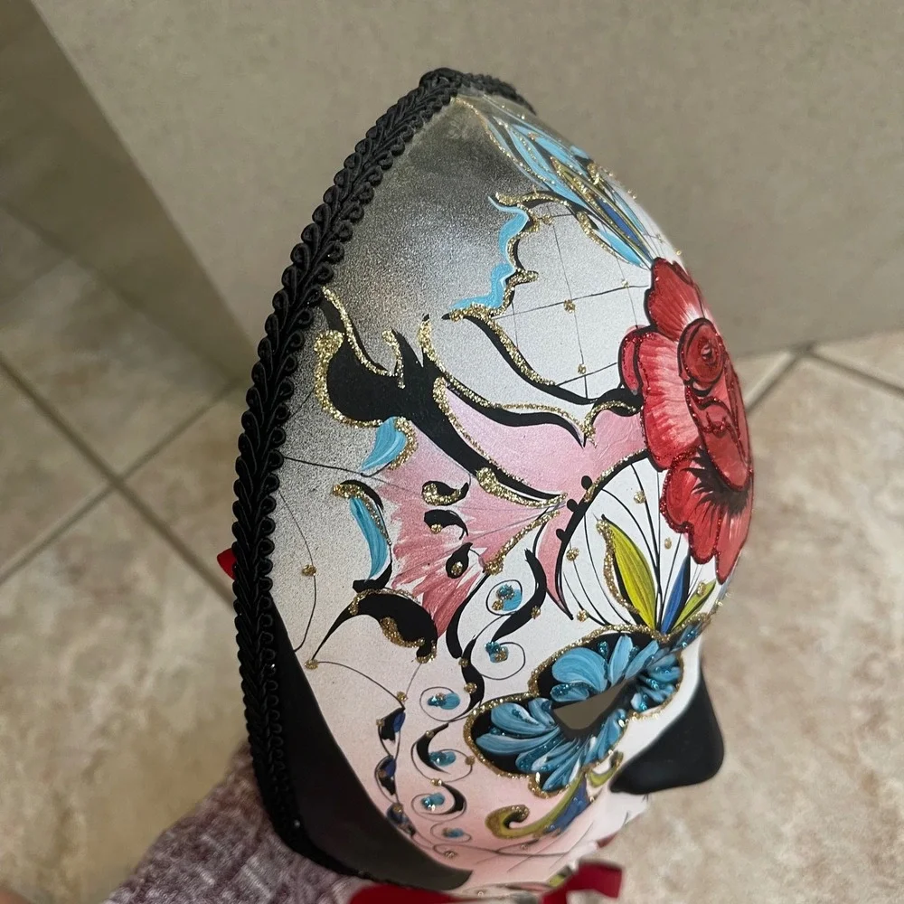 Day of the Dead New Hand Painted Italian Masquerade Mask Red Rose Blue‎ Flowers